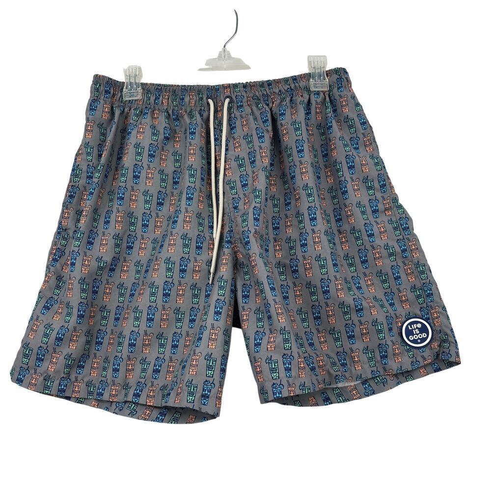 Life is Good Swim Trunks Men Size L Gray Tiki Print Mesh Lined Drawstring Shorts